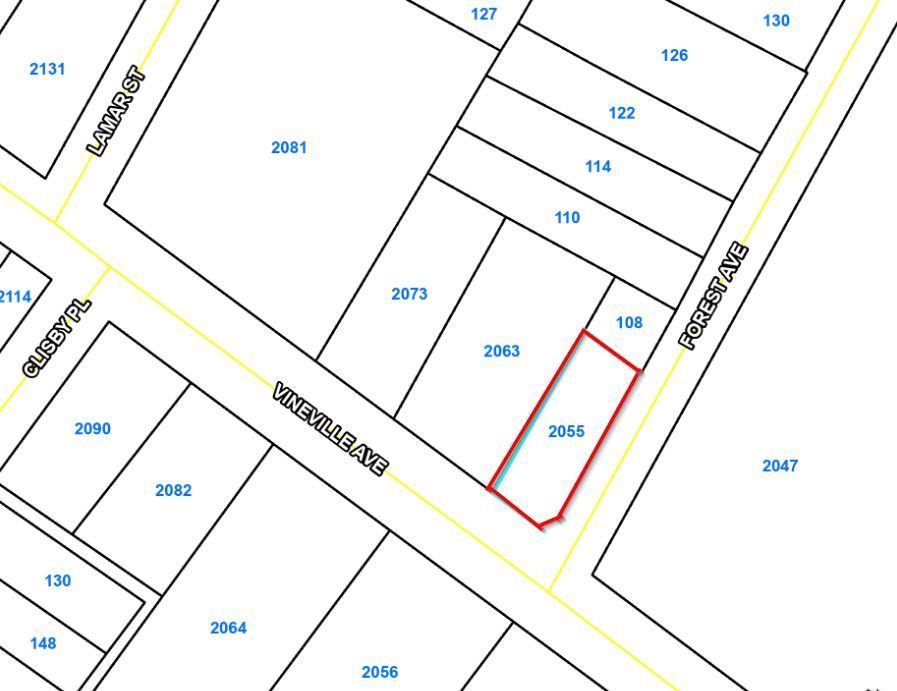 Parcel map with a red-outlined lot highlighted beside intersecting roads and neighboring numbered properties