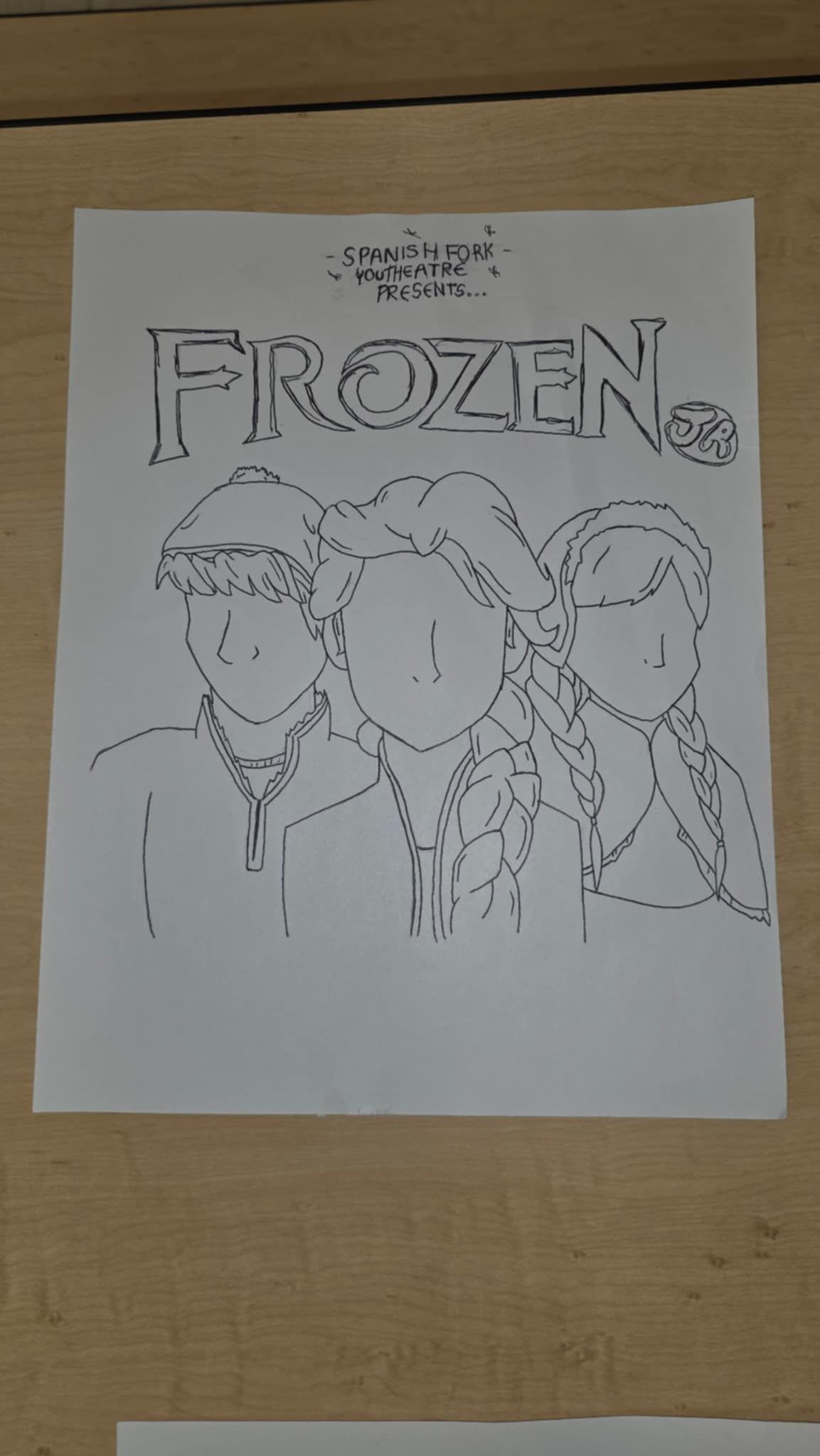 Black and white Frozen coloring page featuring Anna, Elsa, and Kristoff.