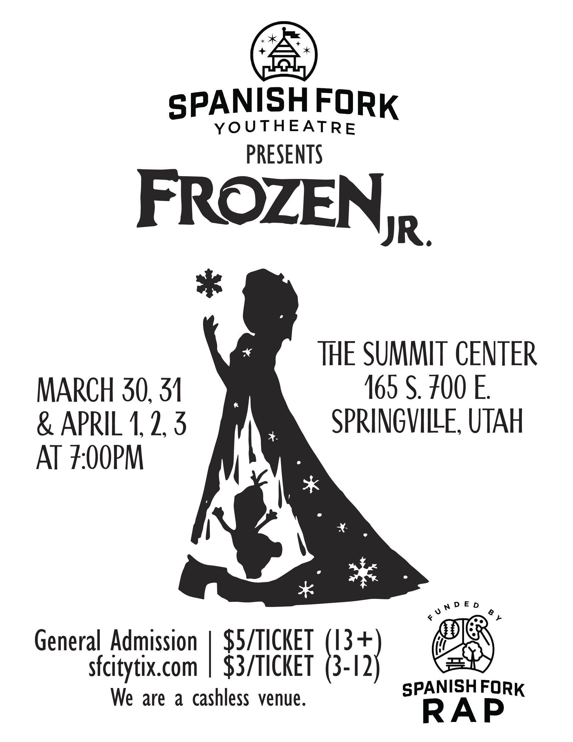 Spanish Fork Youth Theatre presents Frozen Jr. poster with silhouette of Elsa and show dates at The Summit Center