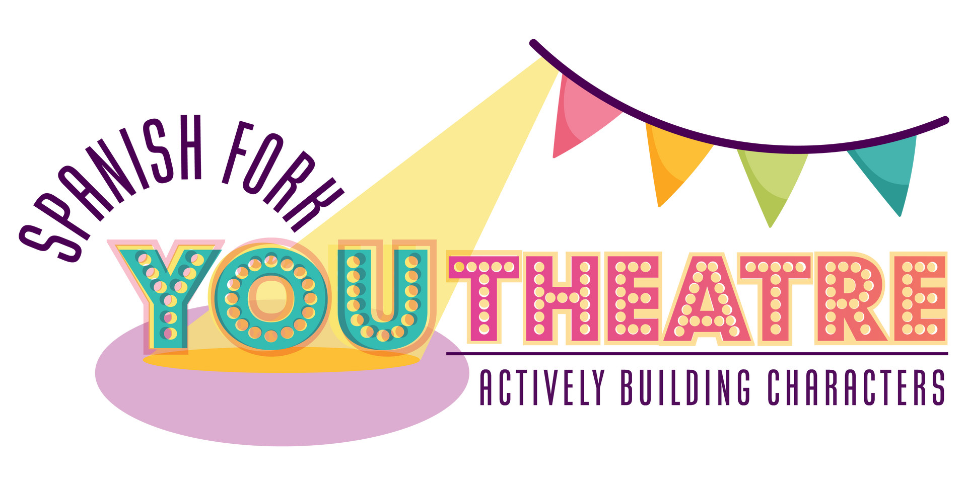 Spanish Fork Youth Theatre logo with colorful text and a purple spotlight/curtain design