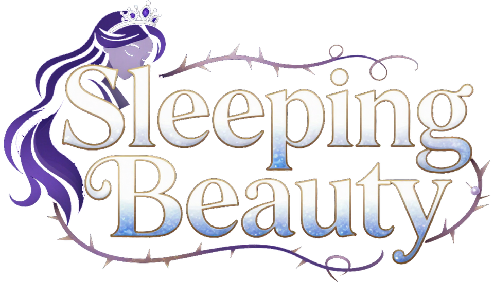 Stylized purple and gold “Sleeping Beauty” title with ornate swirls on a white background