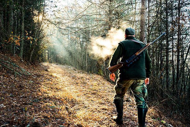 Hunter walking through a forest path, gun on shoulder, exhaling vapor. Sun shining through trees.