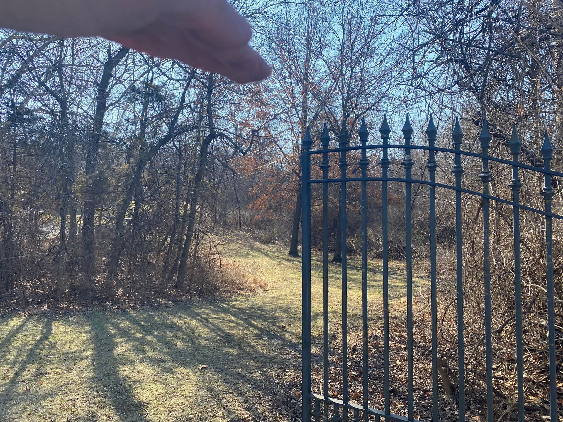 Open wrought-iron gate leading into a clearing with leafless trees and a hand pointing.