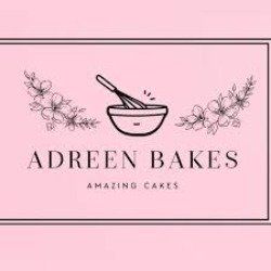 Logo for Adreen Bakes: pink background with a bowl and whisk, flowers, and text reading 