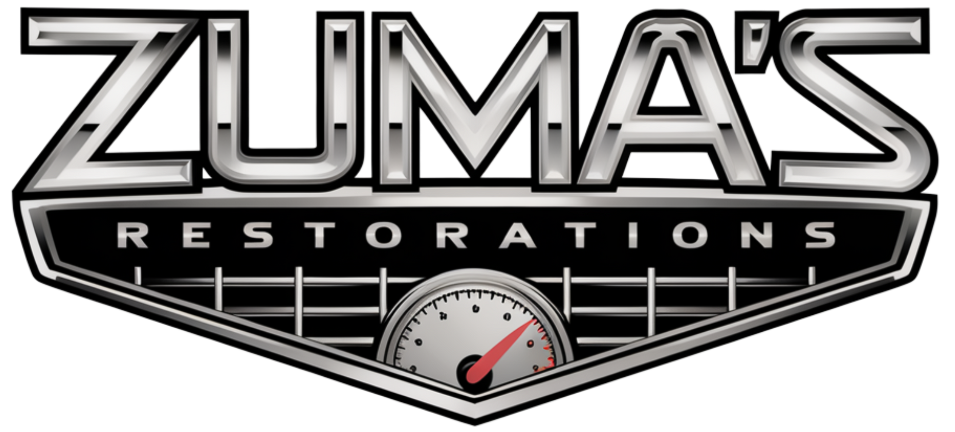 Logo for Zuma's Restorations, in chrome and black, with a speedometer in the center.