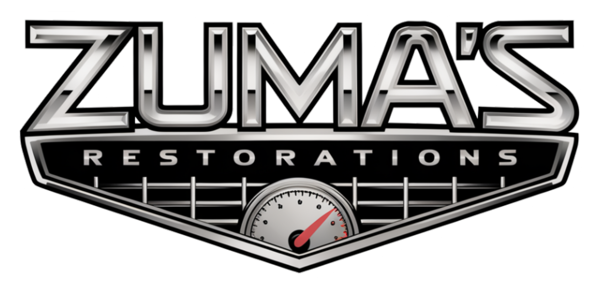 Logo for Zuma's Restorations, silver text over a black badge with a speedometer, white background.