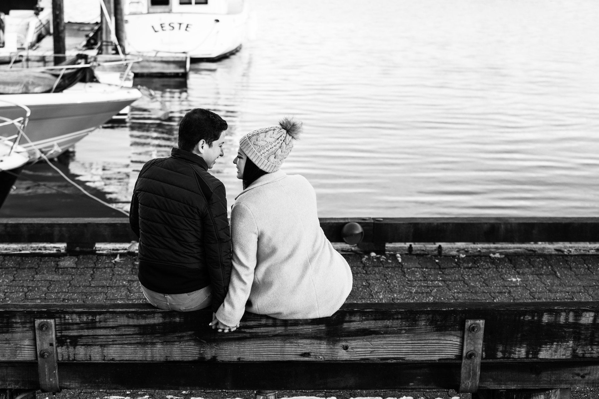 Natalie-DAngelo-Photography-Vancouver-BC-Canada-BlackWhite-Family-Portraits-Visual-Storyteller-couple-dock-smiling