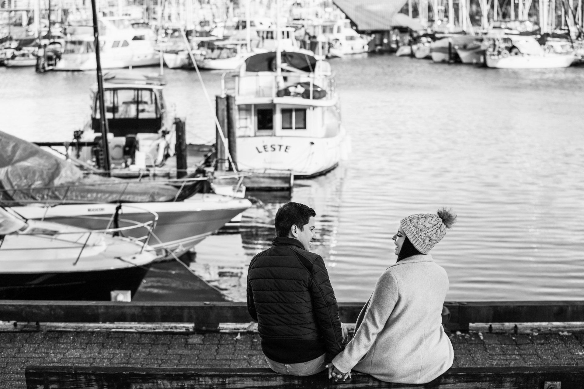 Natalie-DAngelo-Photography-Vancouver-BC-Canada-BlackWhite-Family-Portraits-Visual-Storyteller-happy-couple-dock-smiling