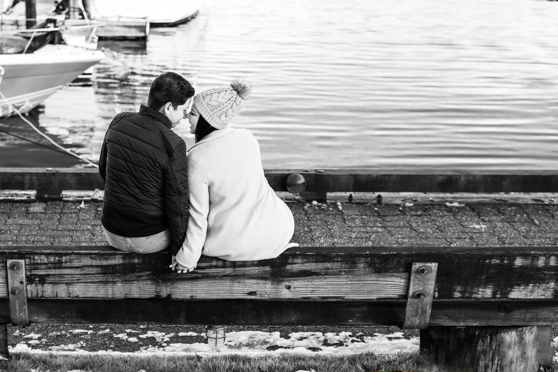 Natalie-DAngelo-Photography-Vancouver-BC-Canada-BlackWhite-Family-Portraits-Visual-Storyteller-happy-couple-dock-kissing