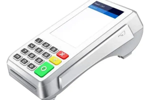 A close up of a credit card machine on a white background