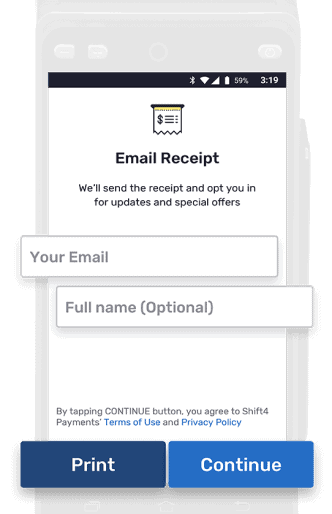 A phone with a screen that says email receipt on it