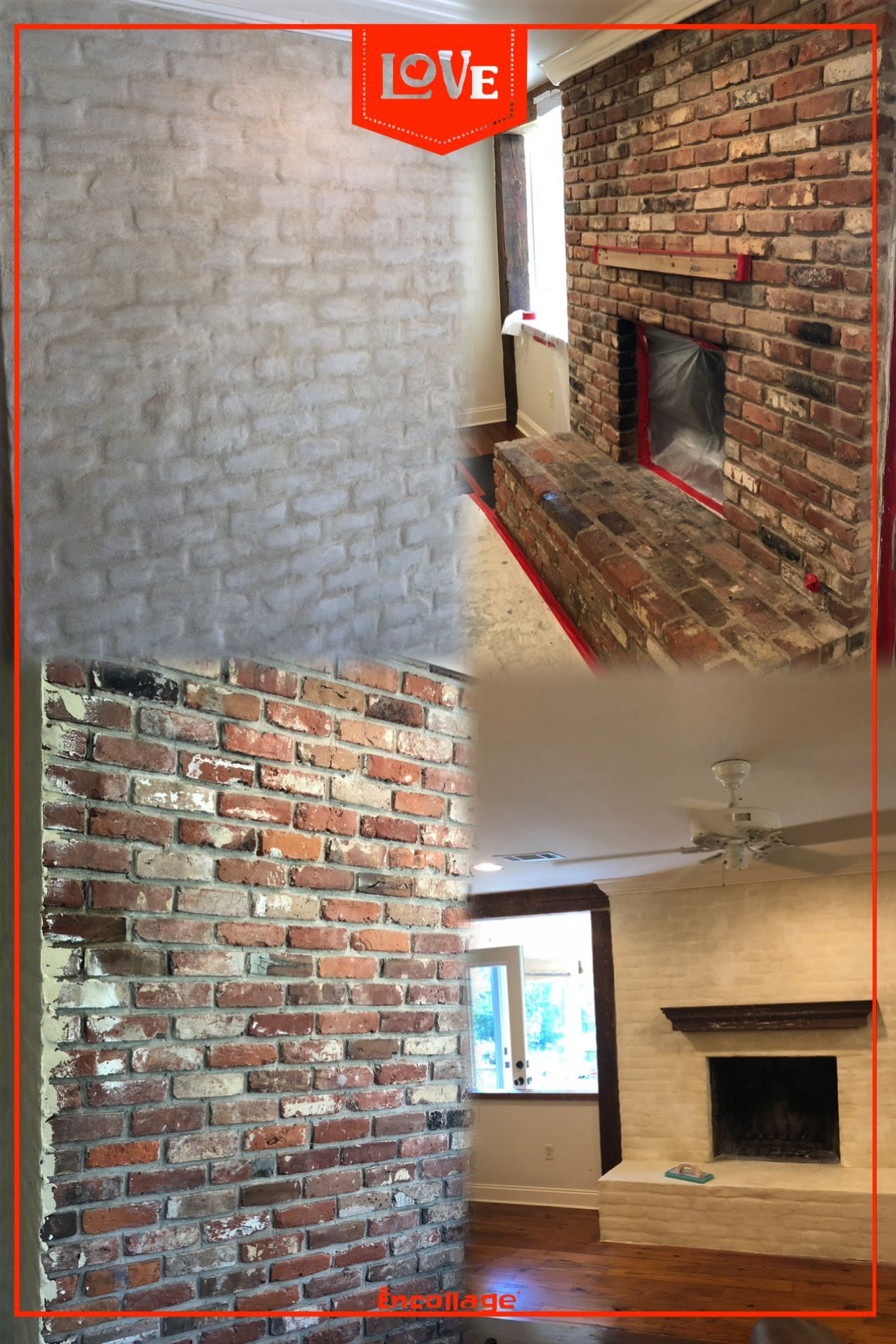 Collage of a brick fireplace wall and interior room renovation, with red outlines and a 