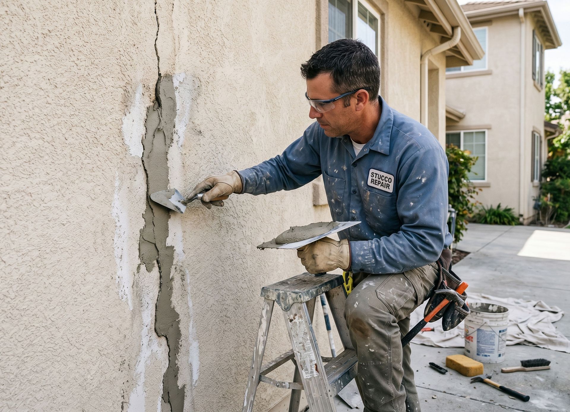 Worker applying stucco patch to cracked exterior wall beside a residential building