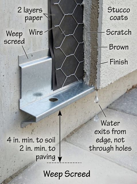 Wall-mounted weep screed with labeled stucco layers and drainage detail diagram
