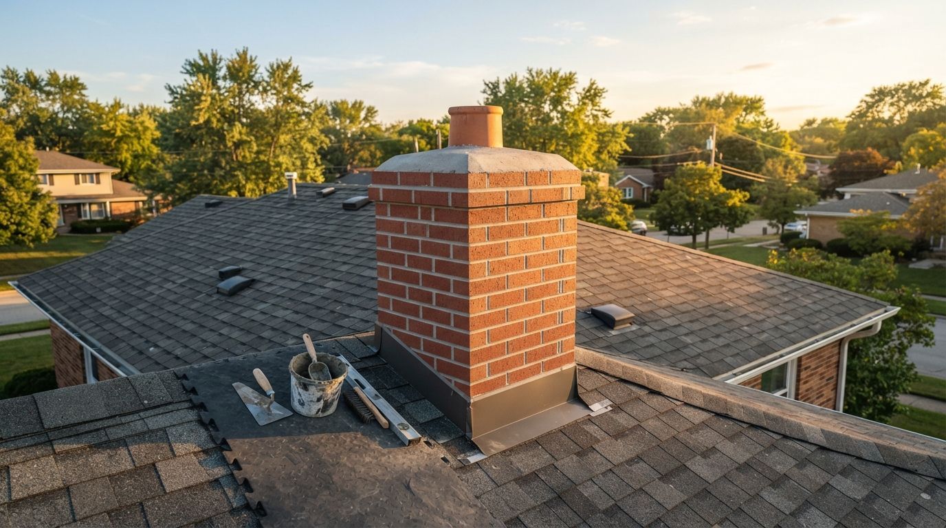 Brick chimney on a shingled rooftop at sunset, with rooftop tools and neighborhood houses in the background