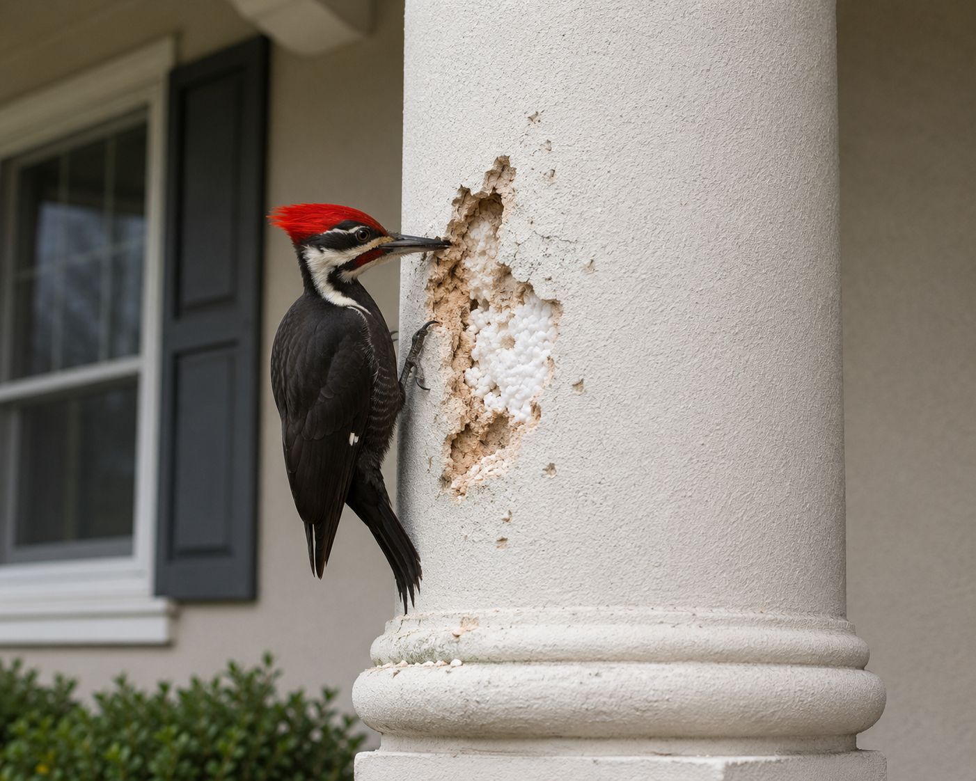 Pileated woodpecker clinging to a white porch pillar, pecking at the surface
