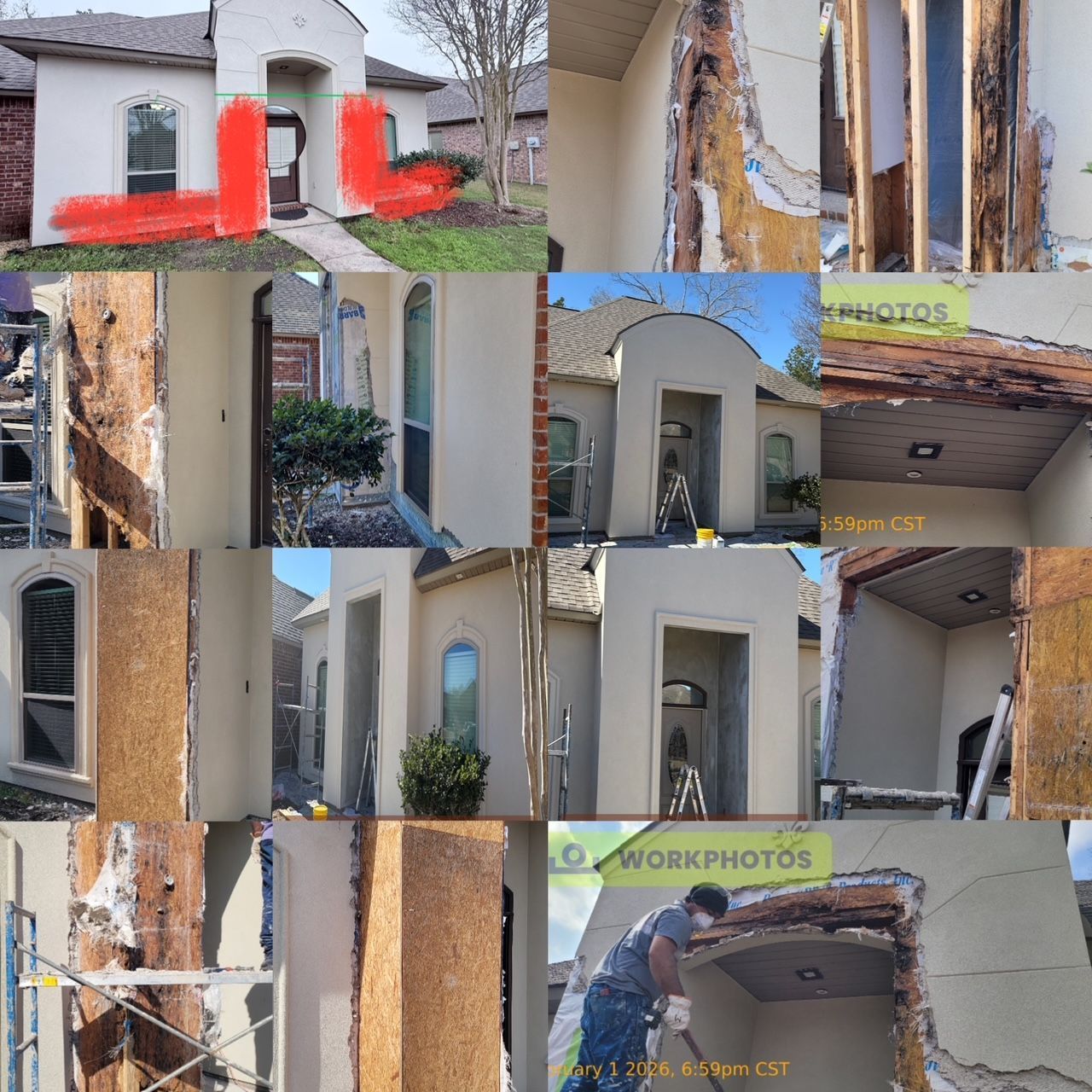 Collage of a house entryway and exterior walls with water damage, peeling paint, and exposed wood framing