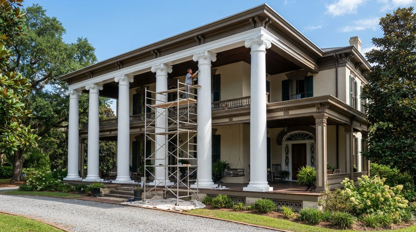Historic house with white columns and scaffolding on the front porch, surrounded by trees and greenery