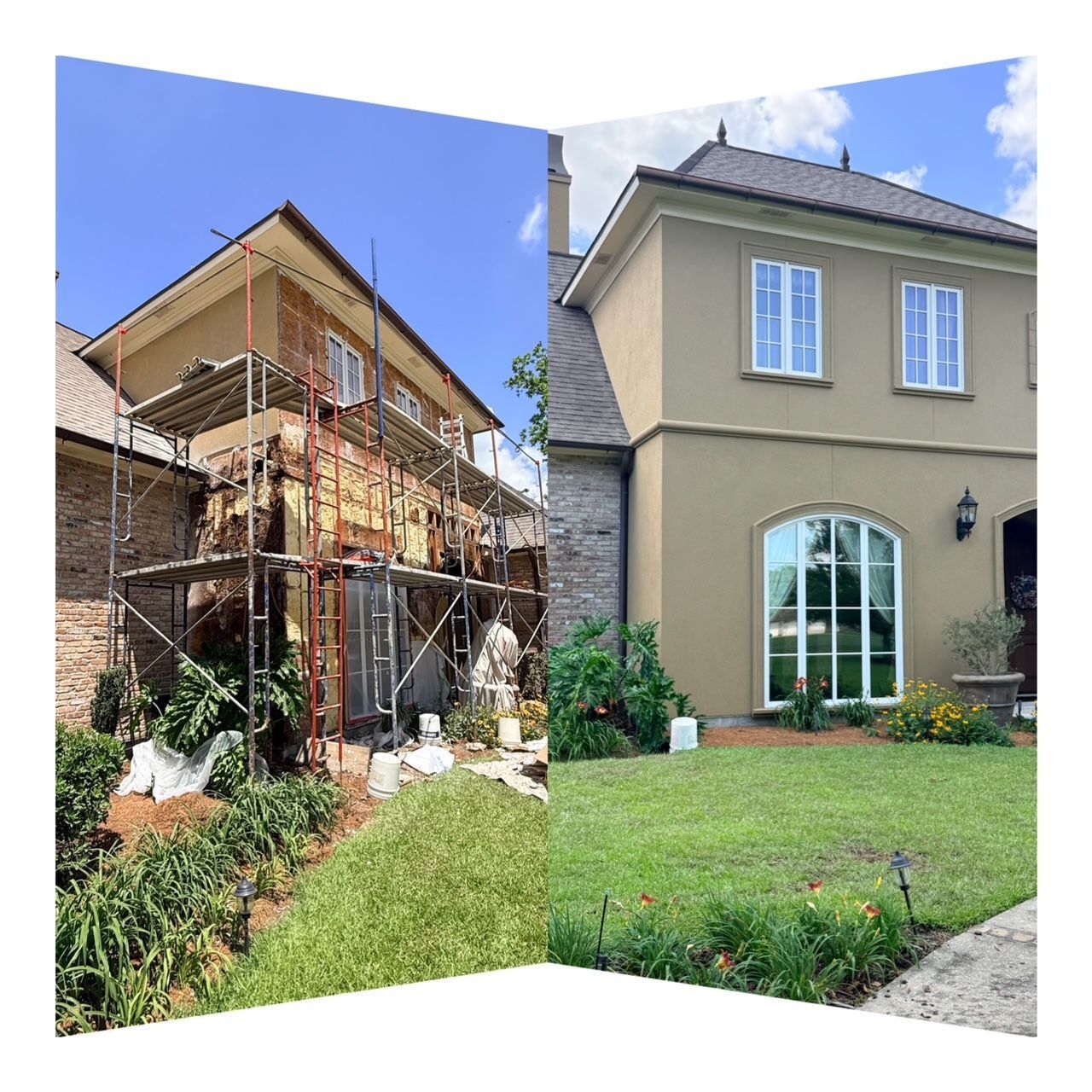 Before-and-after view of a beige house renovation, with scaffolding on the left and a finished lawn on the right