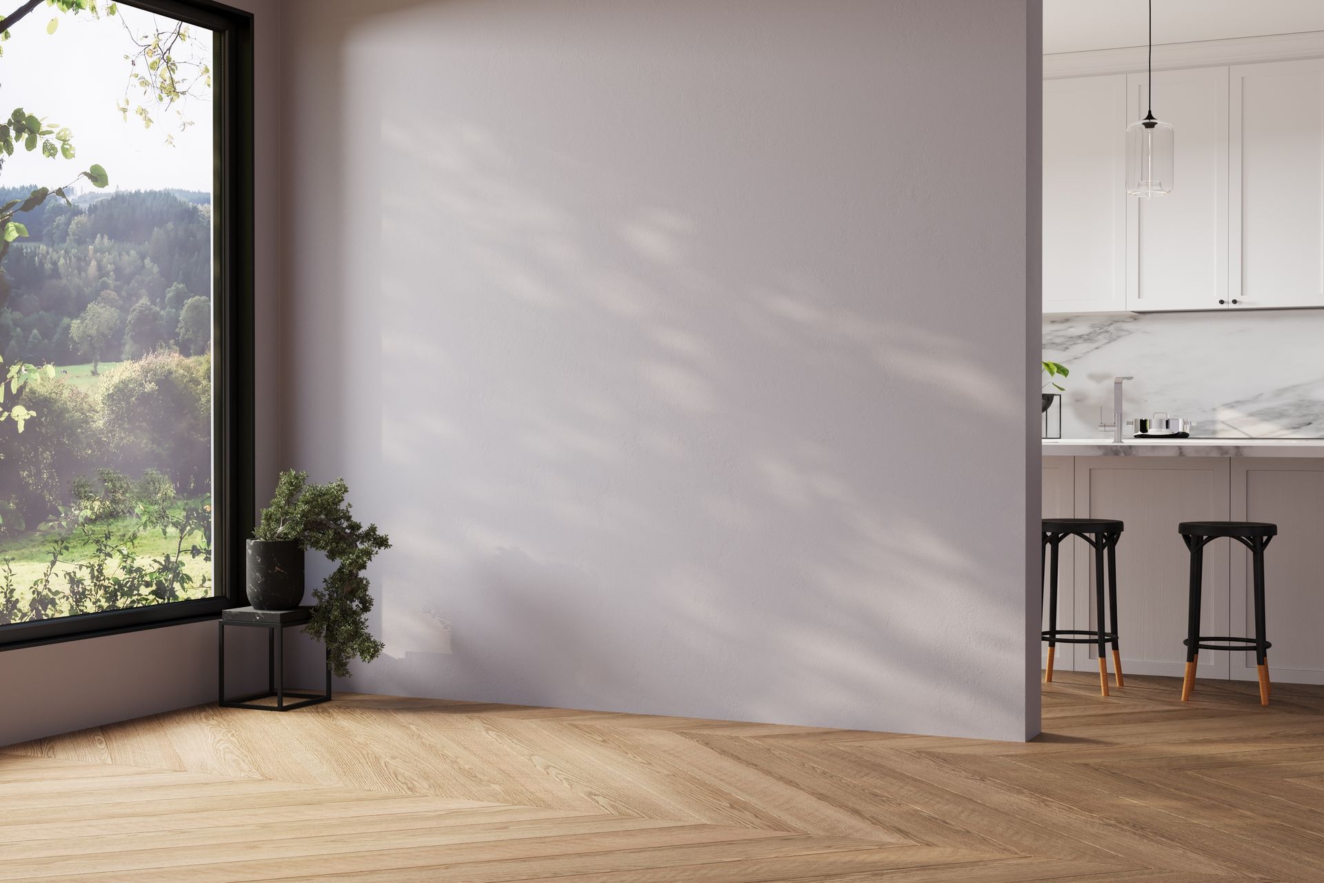 Empty modern kitchen and living space with large window, white wall, wood floor, and stools by the counter
