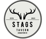 Stags Tavern logo: black stag antlers above 