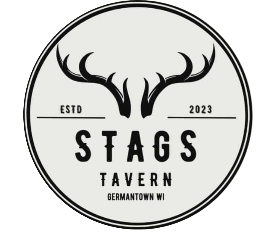 Stags Tavern logo: black stag antlers above 