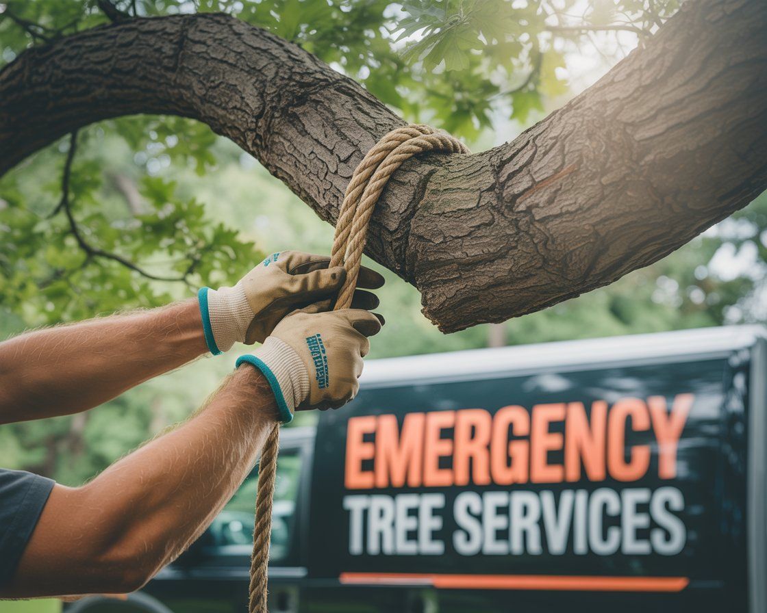 Hands wearing gloves tying a rope to a tree branch; emergency tree services truck in the background.