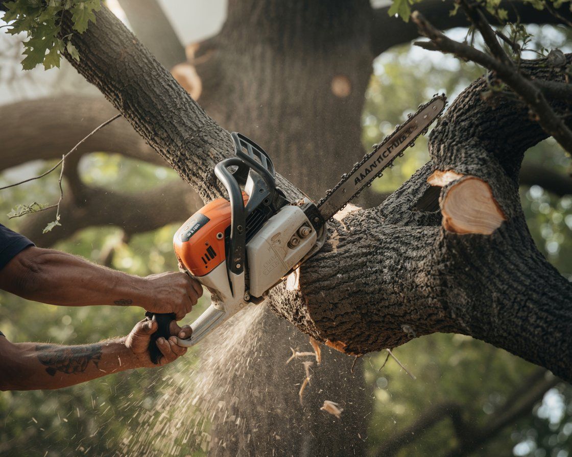 Man using a chainsaw to cut a tree branch outdoors, sawdust flying.