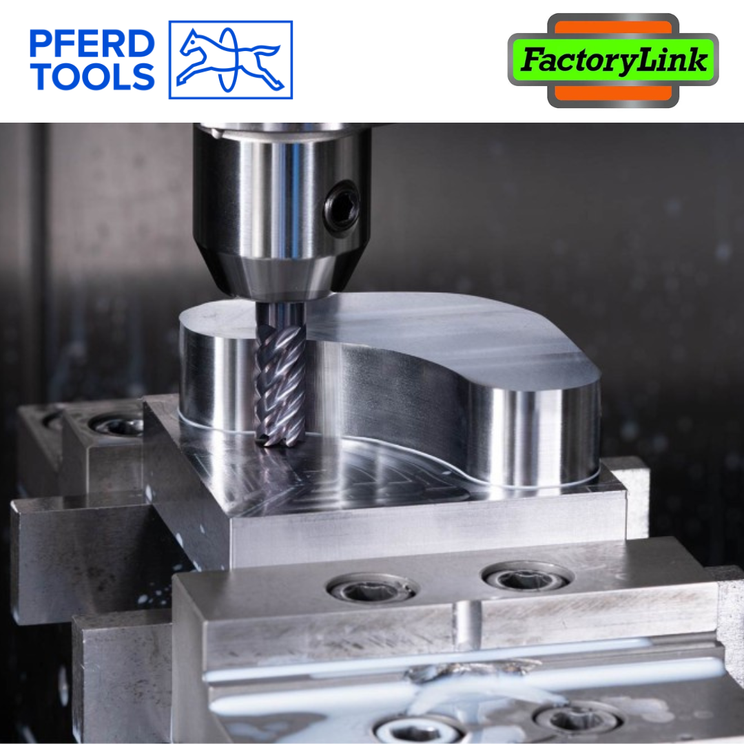 CNC milling machine cutting a metal part, with PFERD Tools and FactoryLink logos above.