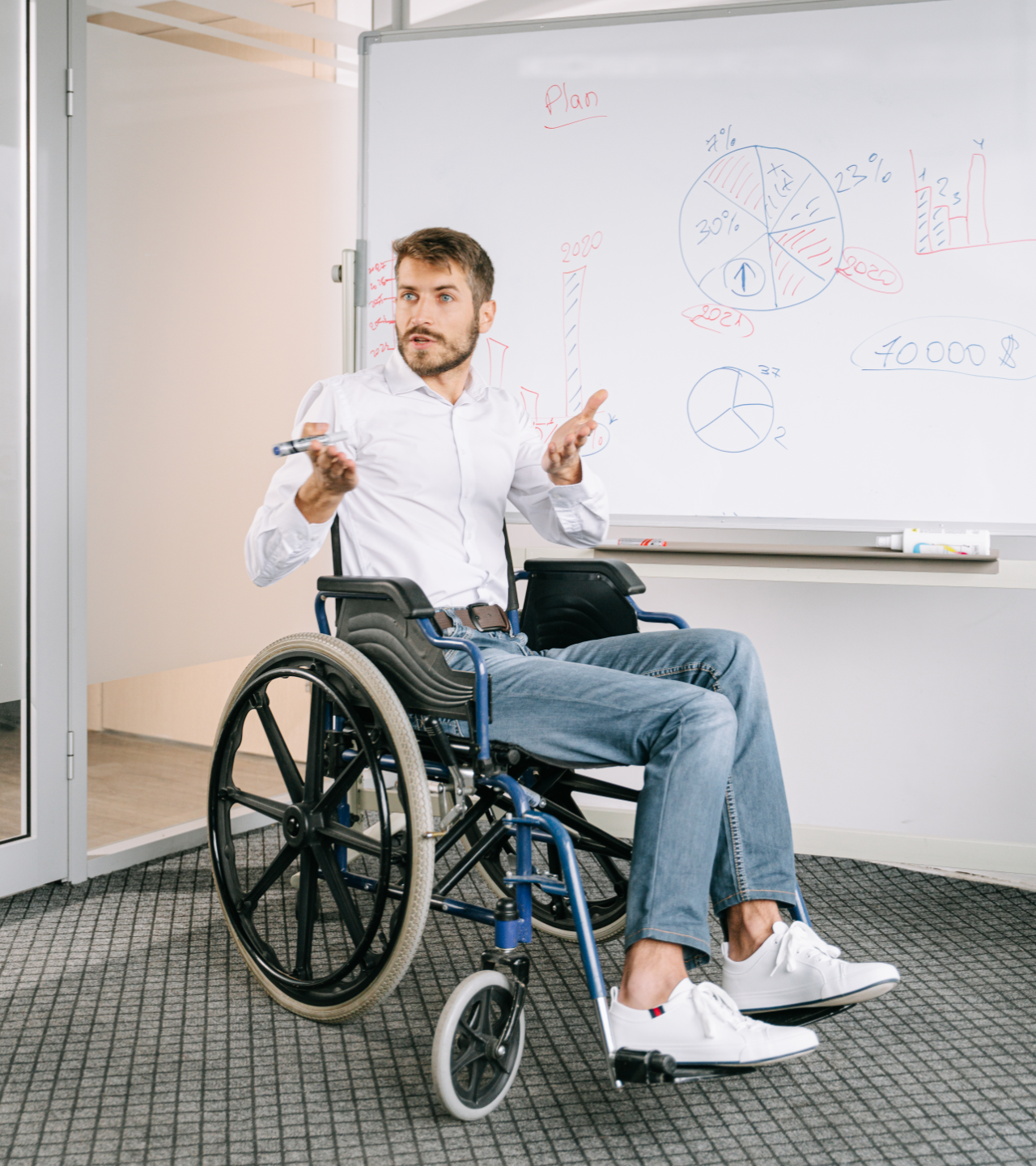 A person in a wheelchair presenting to a whiteboard with charts and data in a professional office setting.