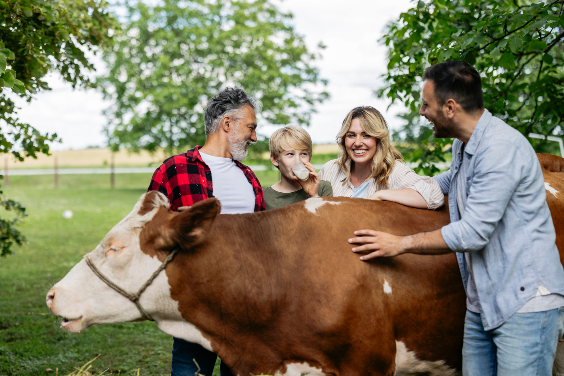 Family outdoors, smiling and talking; man gesturing, elderly man sitting, young girl, and blonde women.