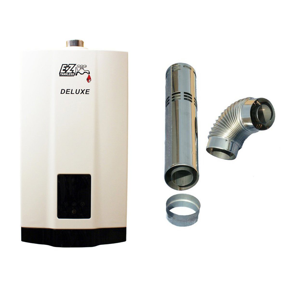 A white water heater with a stainless steel pipe attached to it.