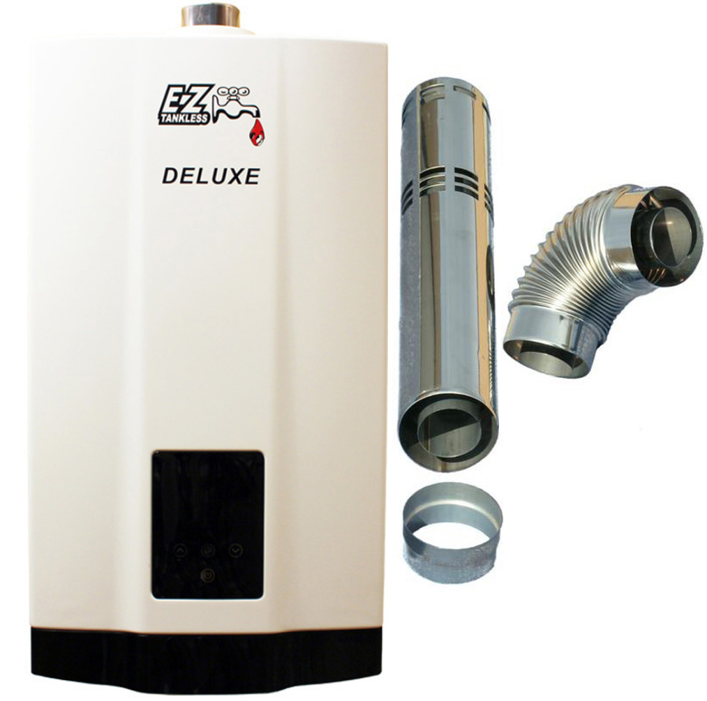 A white deluxe water heater with a stainless steel pipe attached to it