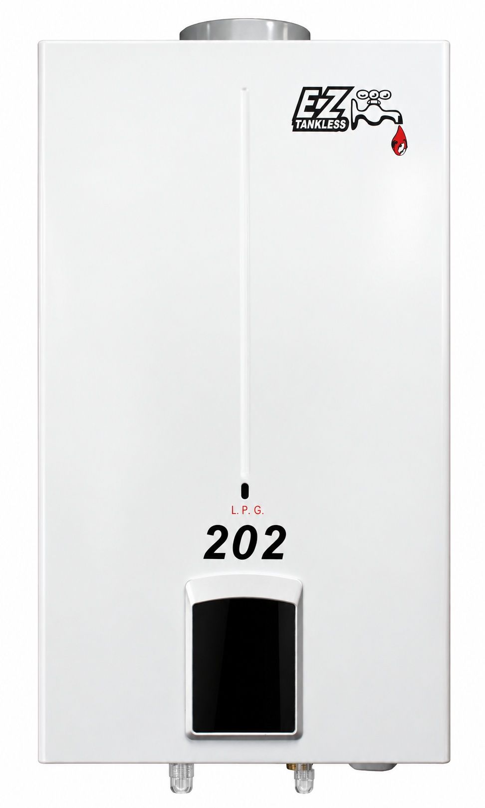 A white water heater with the number 202 on it.