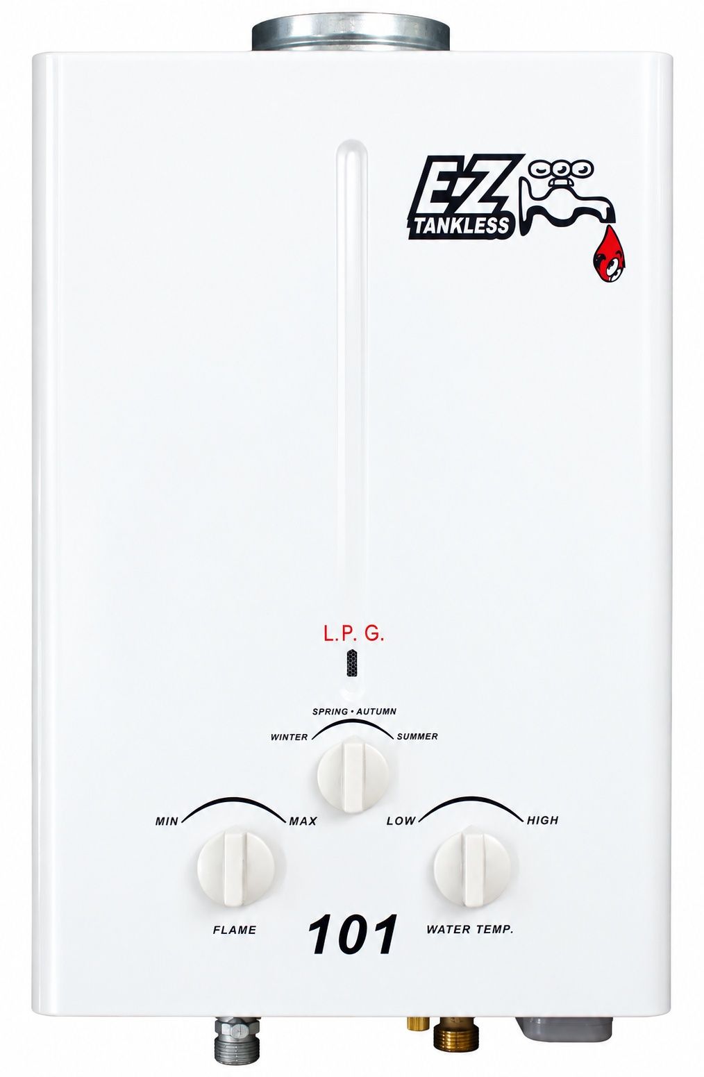 A white water heater with the number 101 on it.