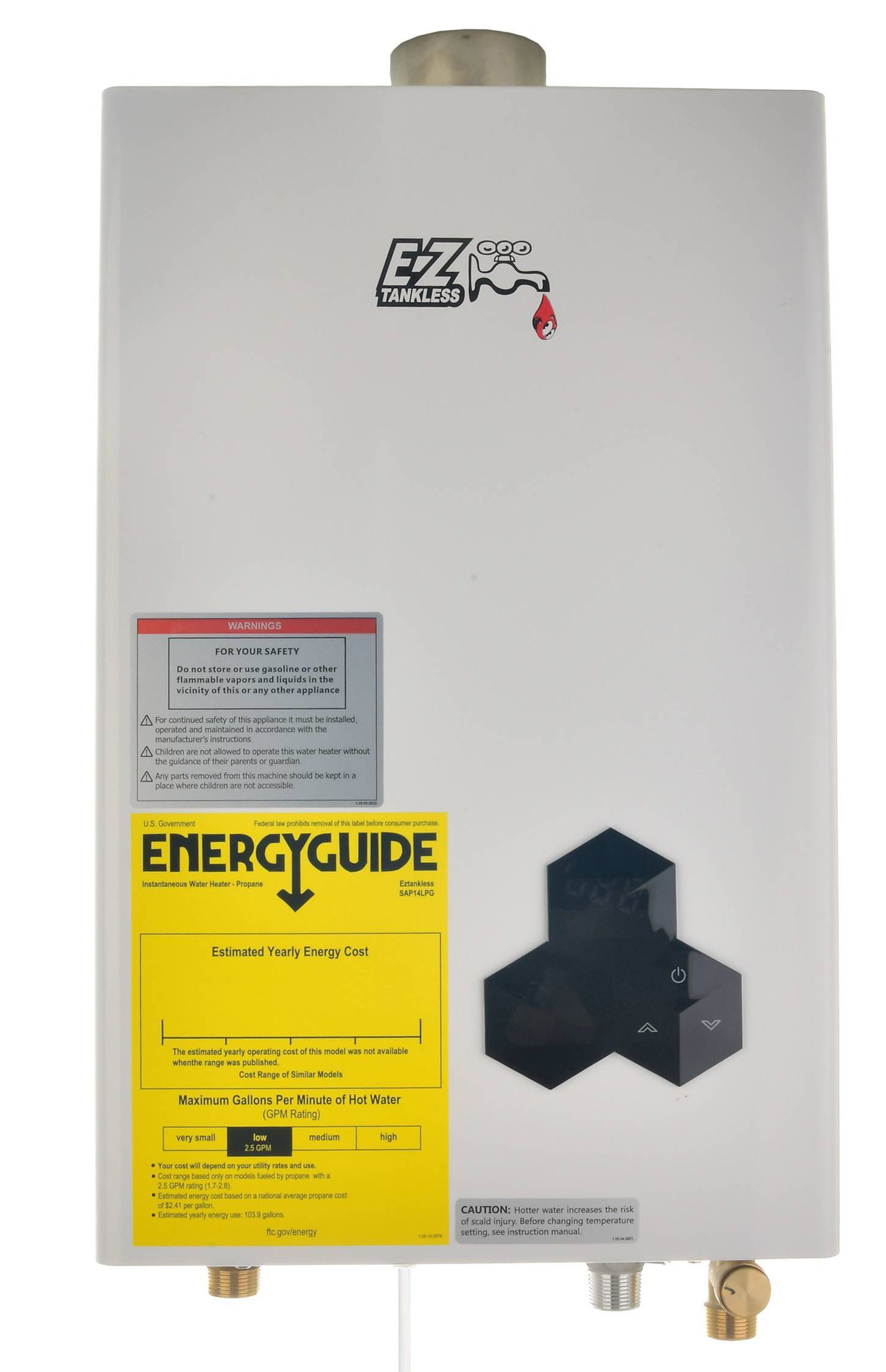 A white water heater with an energy guide label on it