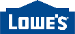 A lowe 's logo with a blue building in the background.