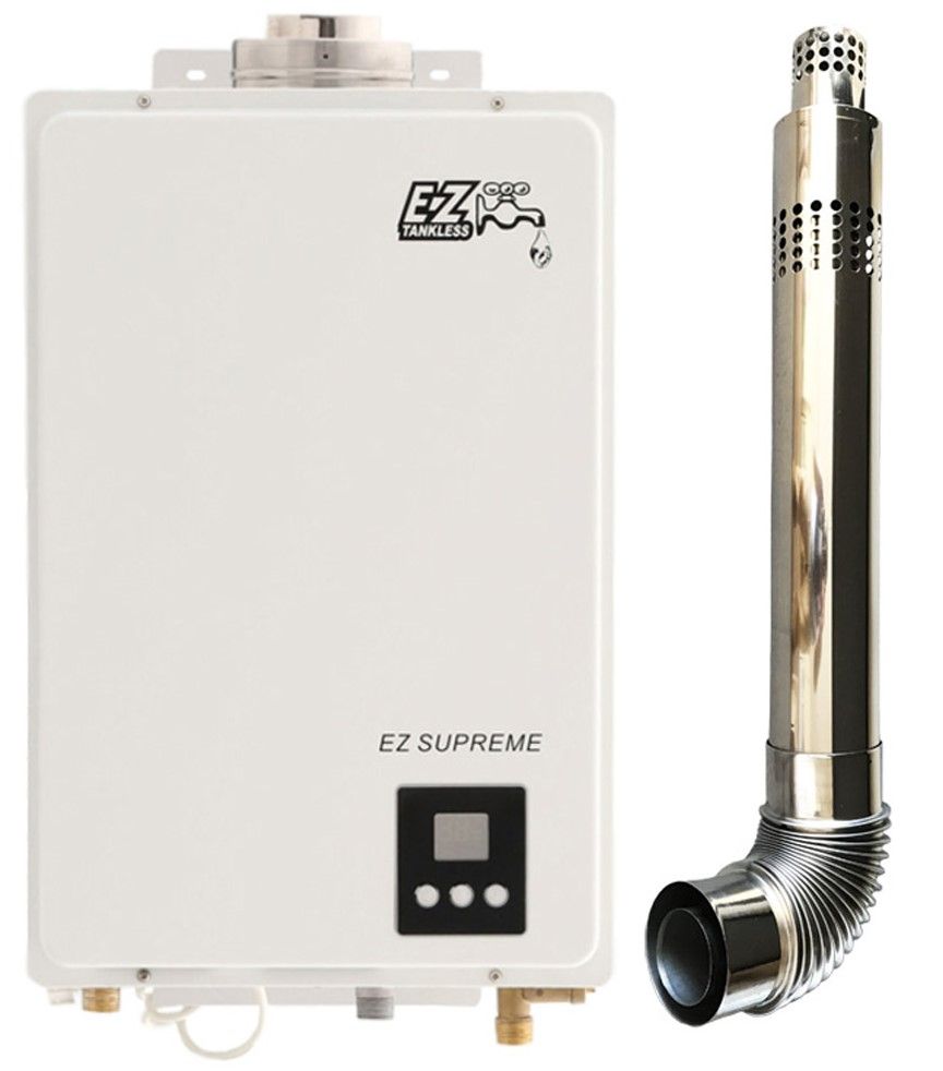 A white ez supreme water heater next to a stainless steel pipe