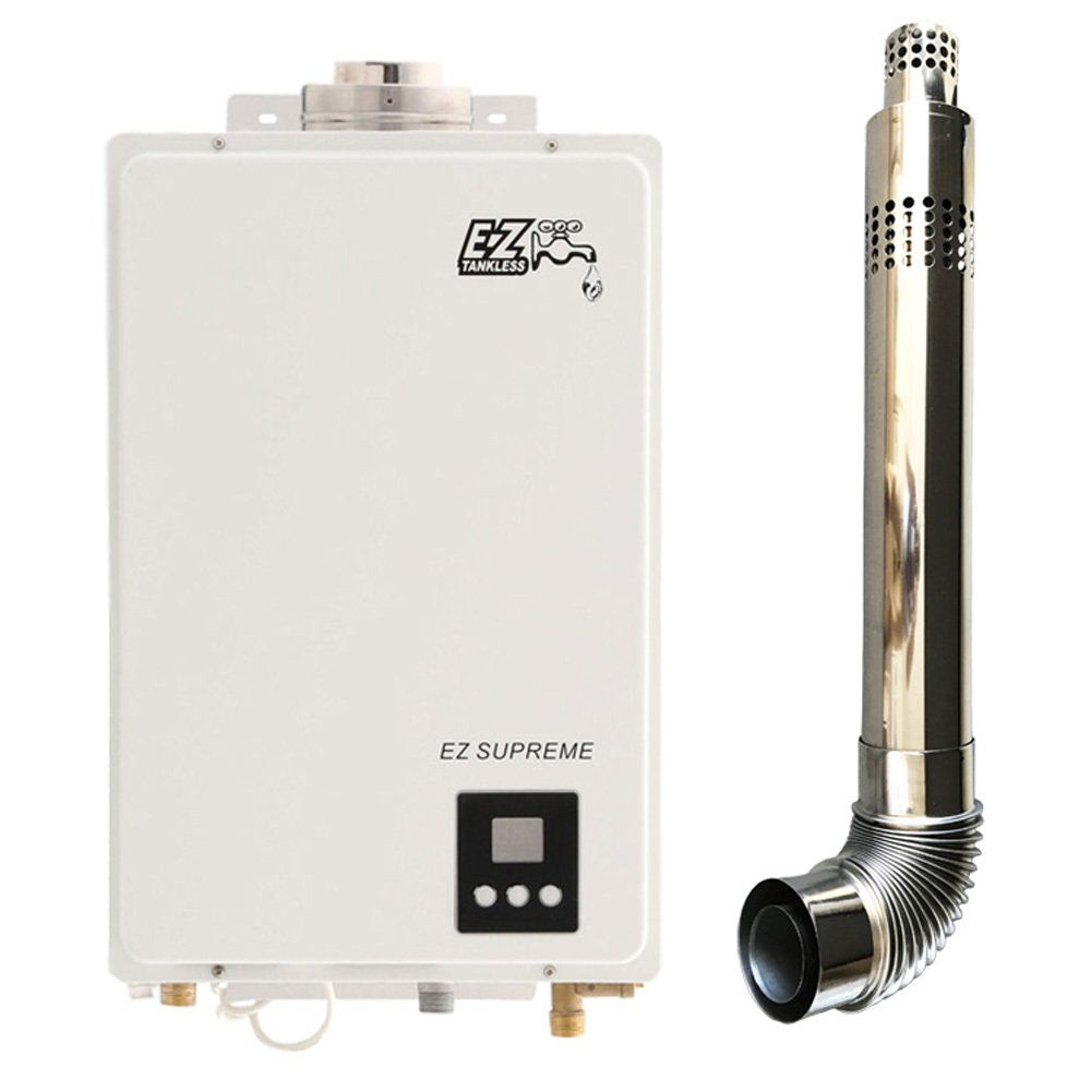 A white water heater next to a stainless steel pipe