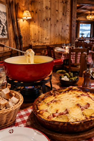 Intérieur du chalet avec cheminée en pierre et poutres apparentes