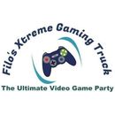 Logo for Filo's Xtreme Gaming Truck. Dark blue game controller with teal arcs, text in dark blue arc, tagline: The Ultimate Video Game Party.