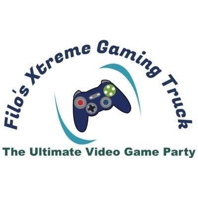 Logo for Filo's Xtreme Gaming Truck. Dark blue game controller with teal arcs, text in dark blue arc, tagline: The Ultimate Video Game Party.
