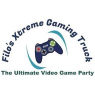 Logo for Filo's Xtreme Gaming Truck. Dark blue game controller with teal arcs, text in dark blue arc, tagline: The Ultimate Video Game Party.