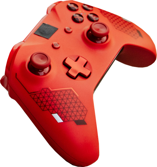 Red Xbox game controller with black accents and a geometric pattern.