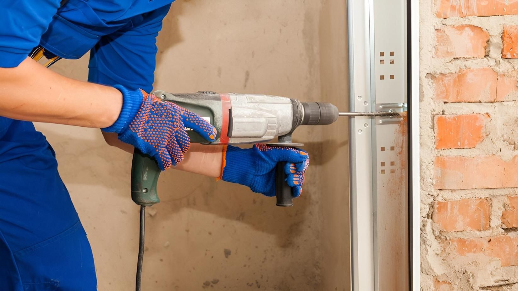 A Man Is Using A Drill To Install A Garage Door — The Roller Door Man NQ In Portsmith, QLD