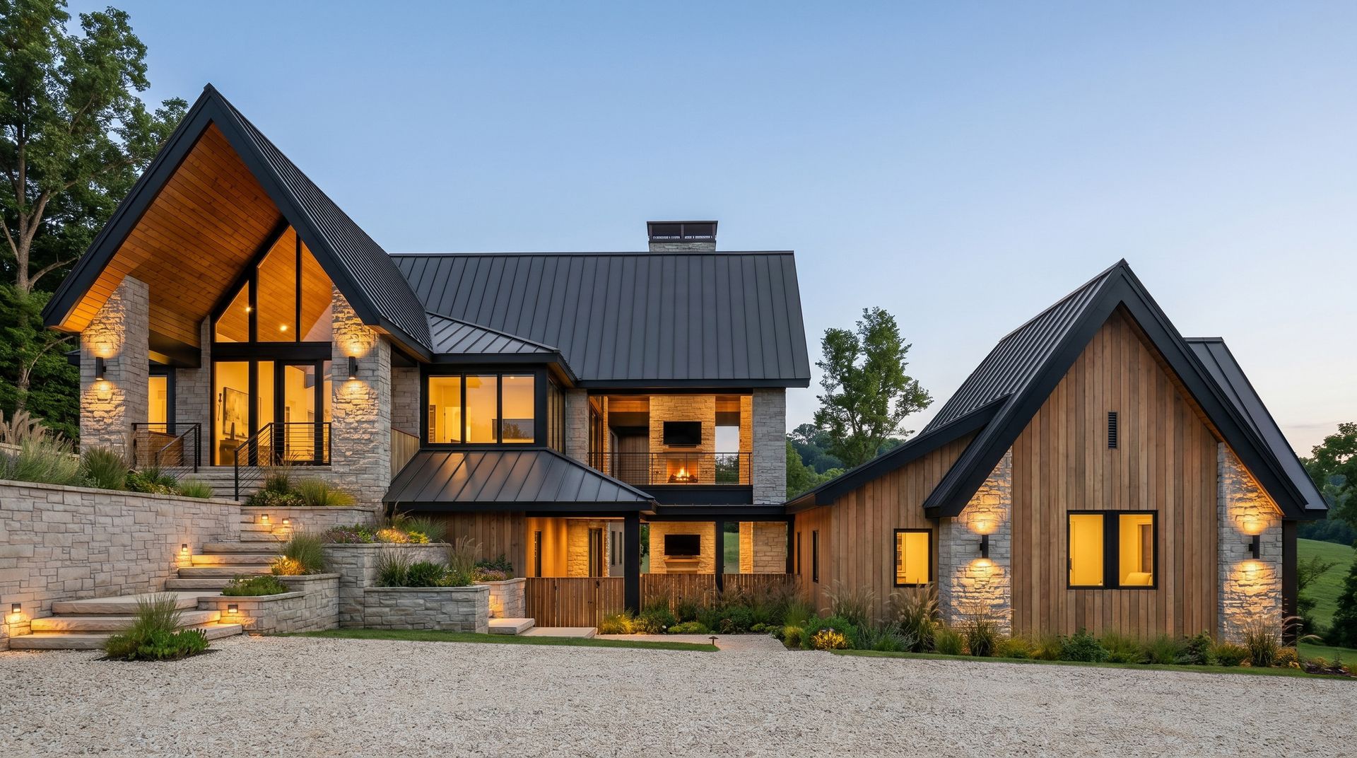 Modern house with stone and wood exterior, multiple rooflines, gravel driveway, and landscaped steps.