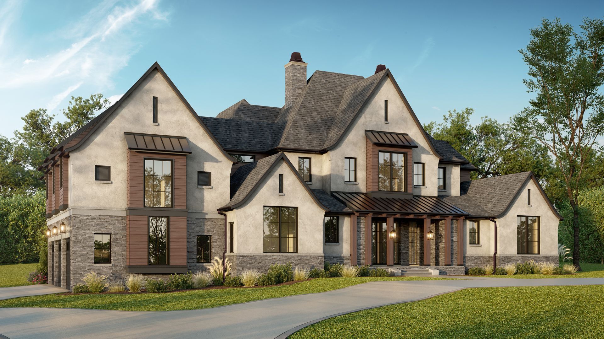 A stone and wood farmhouse with a dark roof on a sunny day.