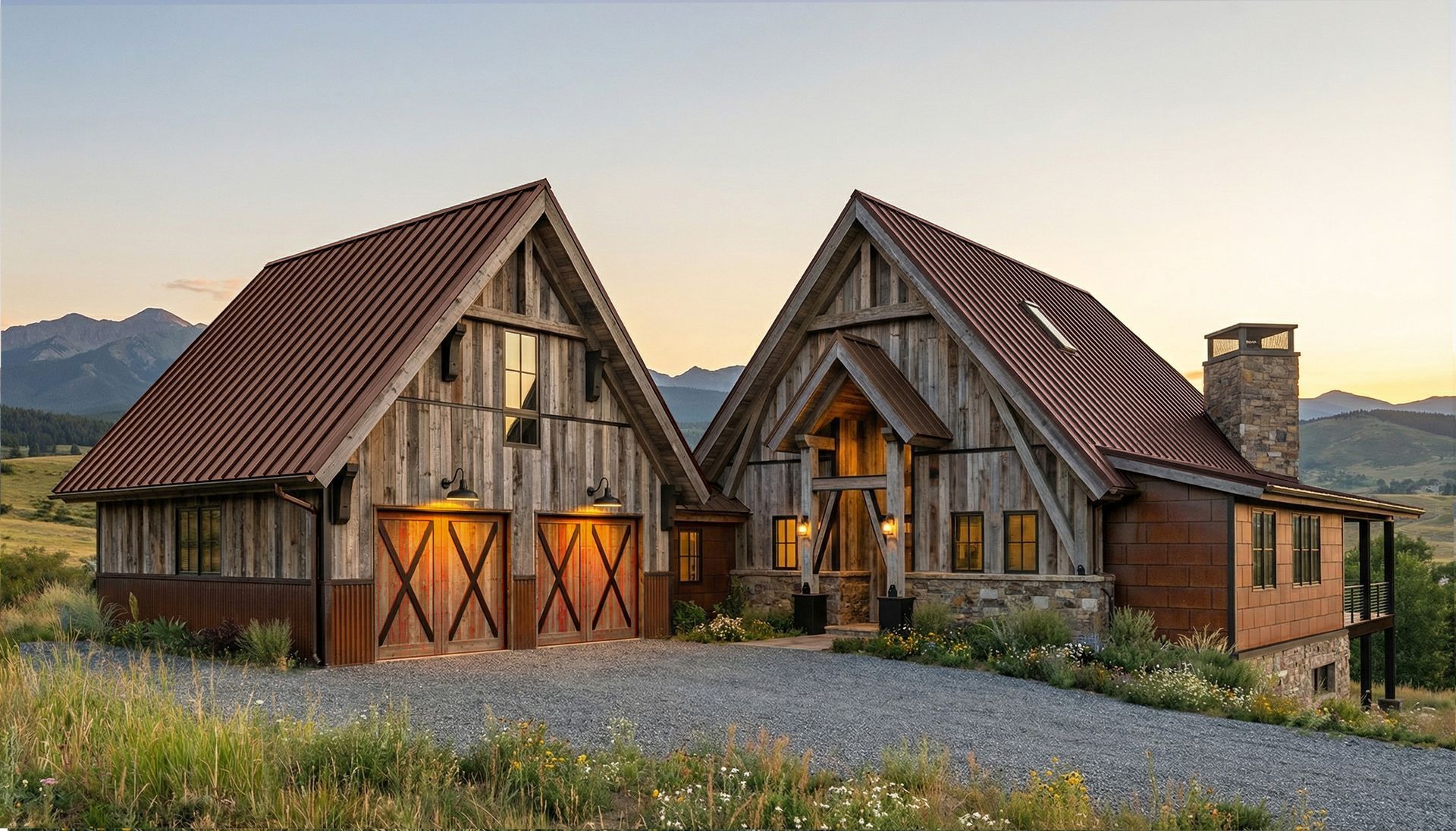 A stone and wood farmhouse with a dark roof on a sunny day.