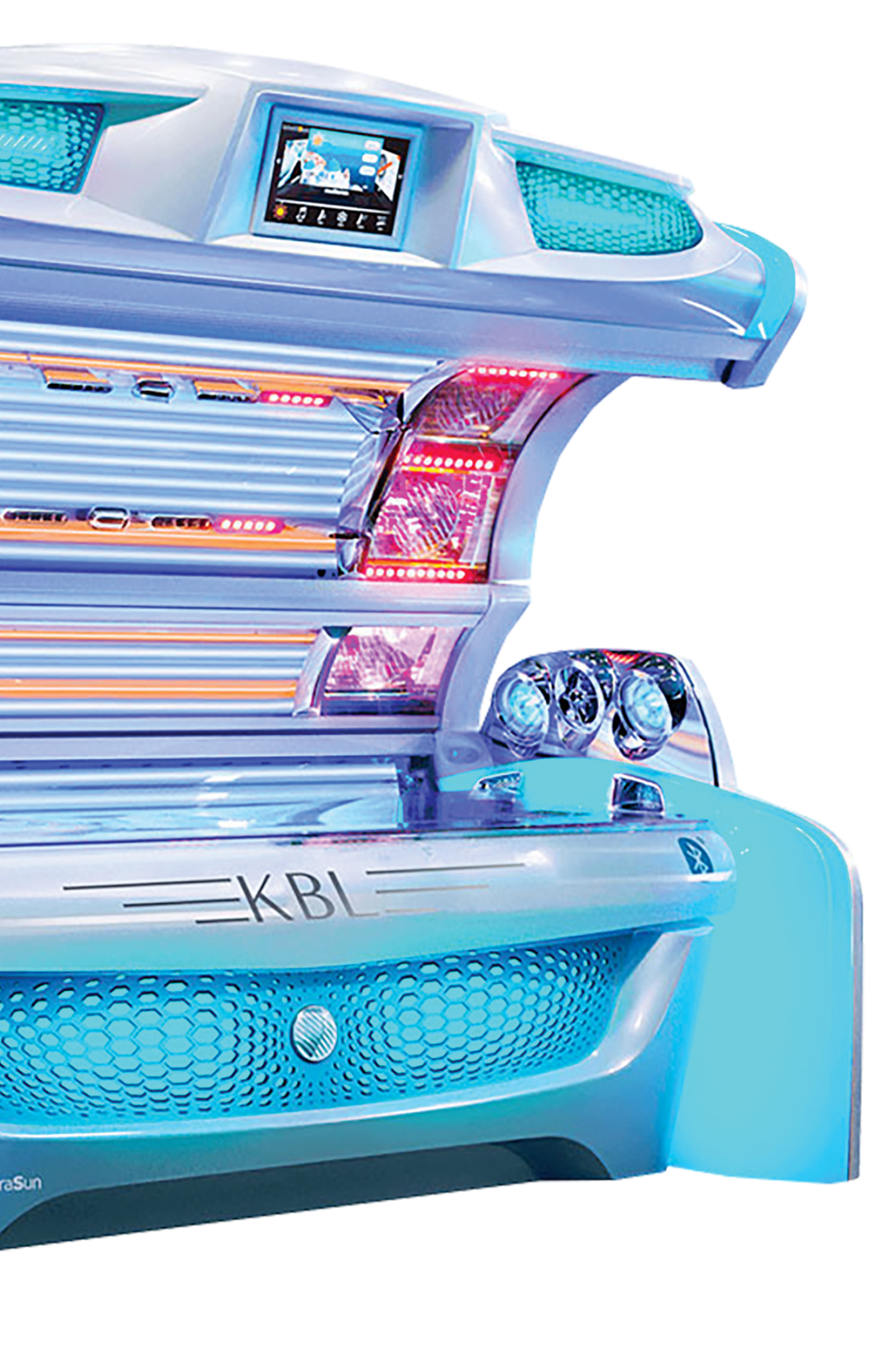 A blue and white tanning bed with a screen on top of it.