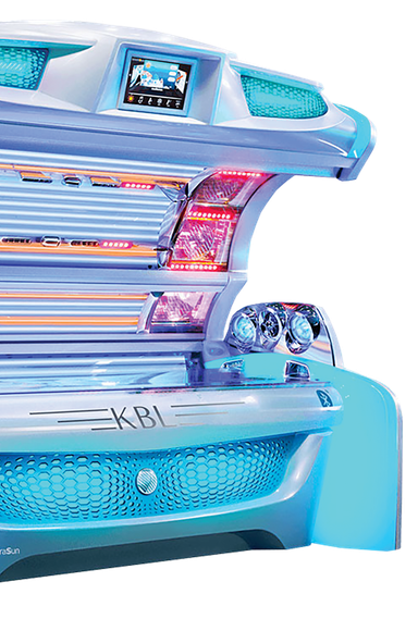 A blue and white tanning bed with a screen on top of it.
